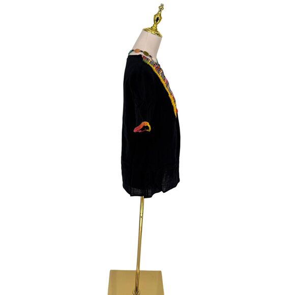 Entro Short Sleeve Top MEDIUM Fringe Trim Black Cotton V-Neck Boho Aztec Rainbow - Picture 8 of 14